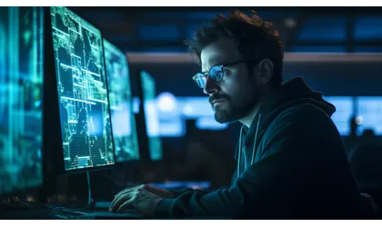 Image d'un développeur au travail avec SEO devant l'ordinateur